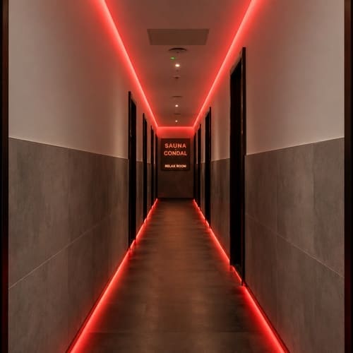 Pasillo de habitaciones iluminación led Sauna Condal